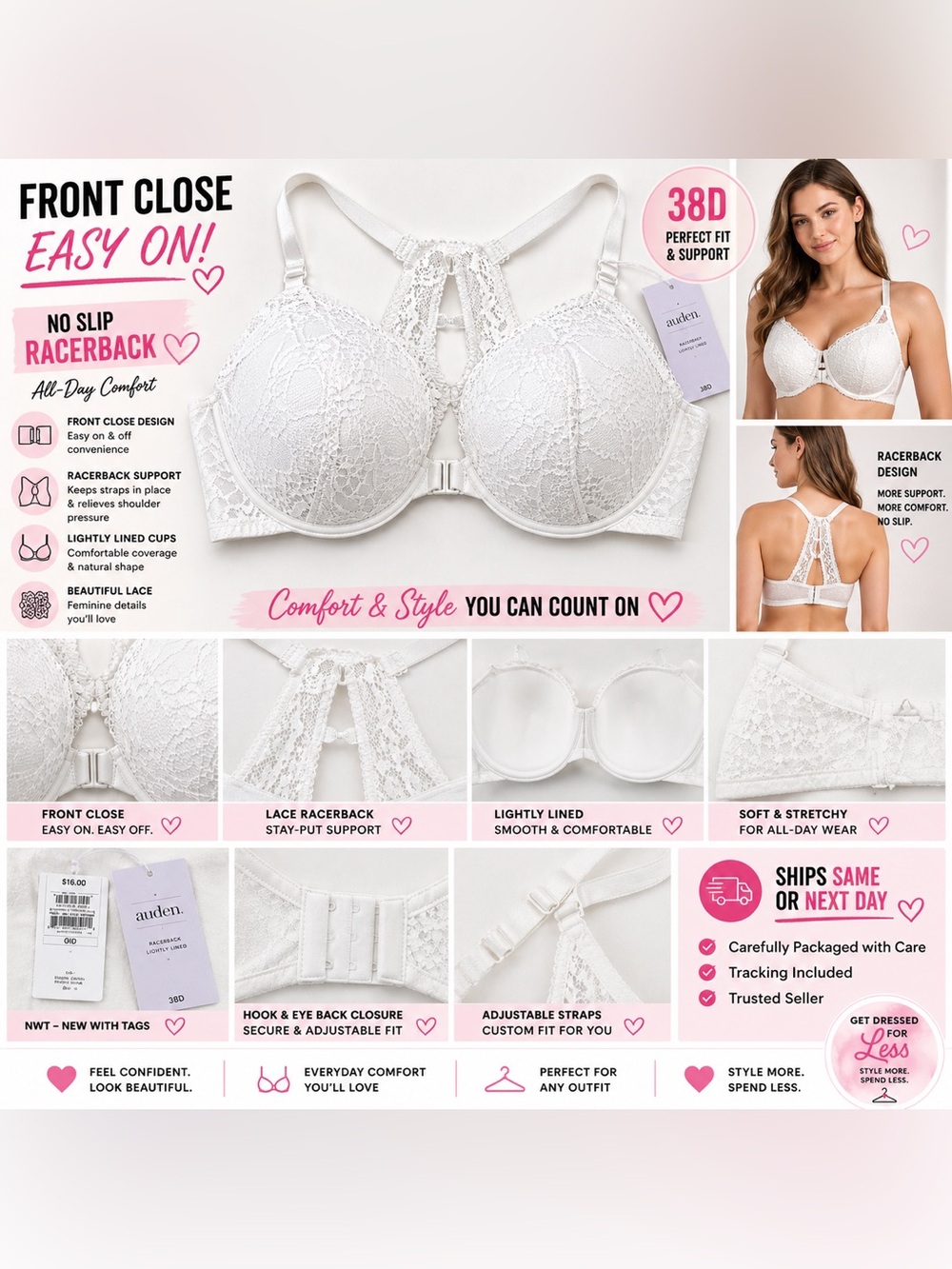 Auden Lace Racerback Bra 38D White Front Close Lightly Lined NWT